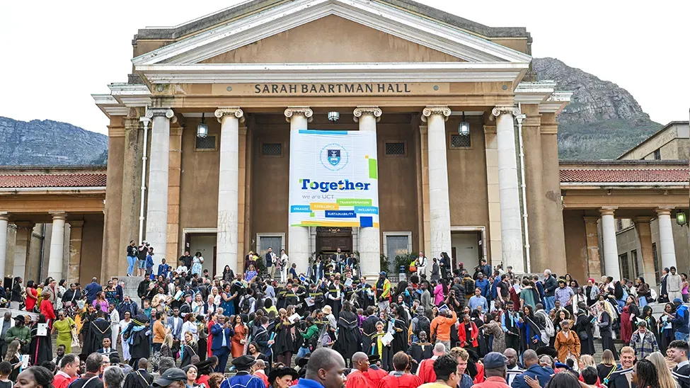 A crowd in front of Sarah Baartman Hall